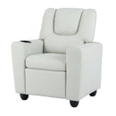 Kids recliner chair in grey velvet fabric with adjustable backrest, cup holder, and solid wood frame for durability.