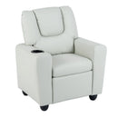 Toddler recliner in grey velvet fabric with adjustable backrest and built-in cup holder for comfort during playtime.