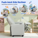 Kids recliner with adjustable backrest and footrest in grey velvet, perfect for reading, playing, or watching TV.