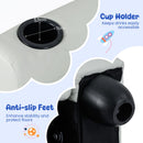 Detail of the cup holder and anti-slip feet on the grey velvet toddler sofa for added convenience and stability.