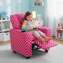 Pink velvet toddler recliner with adjustable backrest and footrest, featuring a cup holder for snacks and drinks.