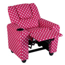Toddler recliner in pink polka dot velvet fabric with adjustable backrest and cup holder for comfortable playtime.