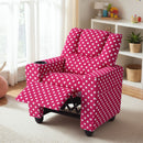 Red velvet fabric toddler recliner with polka dots, adjustable backrest, and cup holder for kids' comfort and playtime.