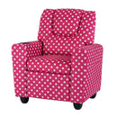 Pink polka dot toddler recliner with velvet fabric, adjustable backrest, and built-in cup holder for comfort and fun.