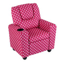 Toddler recliner in red velvet fabric with polka dots, featuring a push-back mechanism and built-in cup holder for.