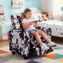 Toddler sofa in black and white velvet with adjustable backrest and footrest, perfect for playtime and relaxation.