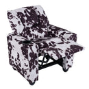 Black and white velvet fabric toddler recliner with adjustable backrest and cup holder for comfortable seating.