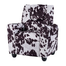 Black and white cow print toddler sofa with adjustable backrest and cup holder, perfect for playtime and relaxation.