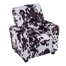 Toddler recliner chair in black and white velvet fabric with adjustable backrest and built-in cup holder for comfort.
