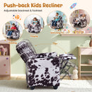 Kids recliner in black and white velvet with adjustable backrest and footrest, perfect for reading and relaxing.