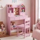 Kids Study Desk with Chair, Children Writing Table and Chair Set with Open Storage Shelves