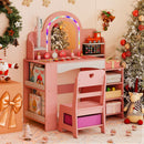 Children's pink vanity makeup table with LED mirror, jewelry rack, and open storage shelves for creative play.