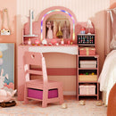 Children's pink vanity desk with LED mirror, jewelry rack, and open storage shelves for creative play and organization.