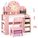 Children's pink vanity makeup table with LED lights, jewelry rack, and open storage shelves for creative play.