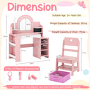 Children's pink vanity table with LED mirror, jewelry rack, and open storage shelves for creative play and organization.