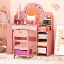 Pink children's vanity set featuring a charming heart-cut chair and colorful LED mirror, perfect for imaginative play.