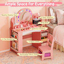 Princess pretend play makeup table in pink with LED mirror, jewelry rack, and ample storage for kids' accessories.