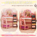 Princess pretend play makeup table in pink with colorful LED lights, open storage shelves, and a jewelry rack for kids.