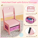 Pink children's chair with supportive backrest and removable fabric drawer for storage, ideal for playrooms or bedrooms.