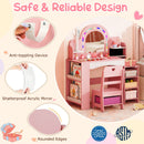 Princess pretend play makeup table in pink with LED mirror, jewelry rack, and open storage shelves for creative play.