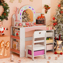 Children's vanity desk with LED mirror, jewelry rack, and storage shelves, perfect for creative play in a bedroom.