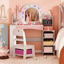 Children's vanity desk with colorful LED mirror, jewelry rack, and open storage shelves for creative play and.