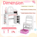 Children's vanity desk with colorful LED lights, jewelry rack, and open storage shelves for imaginative play and.