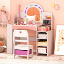 Children's vanity desk with colorful LED mirror, jewelry rack, and open storage shelves for imaginative play and.