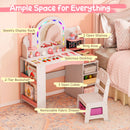 Children's vanity desk with LED mirror, jewelry rack, 3 open shelves, and removable fabric drawer for creative play.