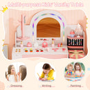 Kids' vanity table with colorful LED lights, jewelry rack, and open storage shelves for creative play and organization.