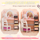 Princess pretend play makeup table with colorful LED lights, jewelry rack, and open storage shelves for kids'.