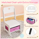 Children's vanity desk with colorful LED lights, removable fabric bin, and heart-shaped chair for creative play.