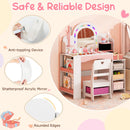 Children's vanity makeup table in white with colorful LED mirror, open storage shelves, and anti-toppling device for.