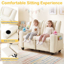 Beige 2-Seater Kids Recliner Chair with 2 Cup Holders and 2 Side Storage Pockets