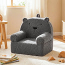 Kids bear sofa in grey with teddy fleece cover, high-density foam core, perfect for playroom relaxation and comfort.