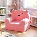 Kids bear sofa in pink with teddy fleece cover, high-density foam, perfect for playroom relaxation and comfort.