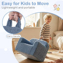 Toddler foam couch in blue with teddy fleece cover and carry handle, perfect for kids' playroom relaxation.