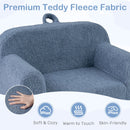Toddler foam couch in blue with premium teddy fleece fabric, featuring a cozy design and convenient carry handle for.