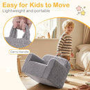 Toddler foam couch in grey with teddy fleece fabric, featuring a carry handle for easy portability and comfort.