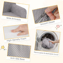 Toddler foam couch with grey teddy fleece cover, featuring wide armrests and removable washable cover for easy cleaning.