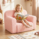 Toddler foam couch in pink with teddy fleece fabric, perfect for playroom relaxation and reading. Lightweight and.