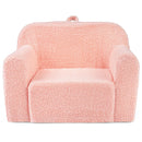 Toddler foam couch in pink with teddy fleece fabric, lightweight design, perfect for playroom relaxation and activities.