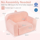 Toddler foam couch in pink with teddy fleece cover, lightweight design, perfect for playroom relaxation and activities.