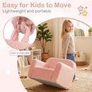Toddler foam couch in pink with teddy fleece cover and carry handle, perfect for kids' playroom relaxation.