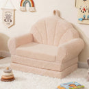 Shell-shaped kids flip-out sofa in beige with teddy fleece cover, perfect for playroom relaxation and activities.