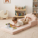 Kids 2-in-1 flip-out sofa in beige with plush teddy fleece cover, perfect for reading and relaxing in playroom.