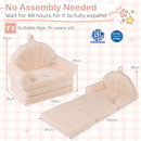 Kids 2-in-1 flip out sofa in beige with shell-shaped backrest, soft teddy fleece cover, perfect for playroom relaxation.