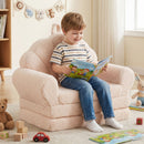 Cozy beige 2-in-1 kids flip out sofa with plush teddy fleece cover, perfect for reading and relaxing in playrooms.