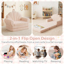 Kids 2-in-1 flip out sofa in beige with plush teddy fleece cover, transforms from cozy sofa to flat lounger for.