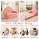 Kids 2-in-1 flip out sofa in pink with plush teddy fleece cover, transforms from cozy sofa to flat lounger for.